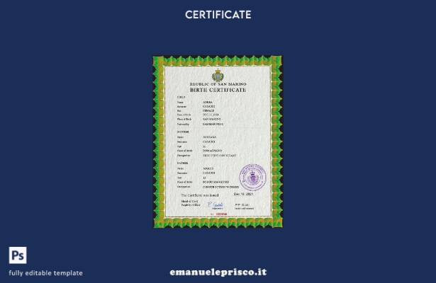 modello PSD del certificato di nascita di San Marino in stile verificato